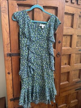 Michael Kors Navy Floral Ruffle Midi Dress - Blue & Green Print